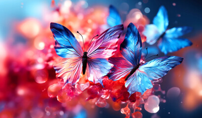  Fantastic background with blue butterflies on abstract pink flowers