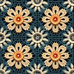 Seamless vintage crochet flowers pattern, ai generative