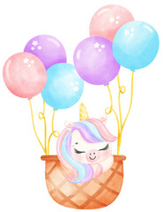 Obraz na płótnie Canvas Cute Baby Unicorn with balloon watercolor cartoon illustration