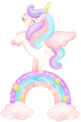 Cute Baby Unicorn on crescent watercolor cartoon illustration