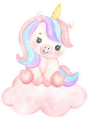 Cute Baby Unicorn sleeping on cloud watercolor cartoon illustration