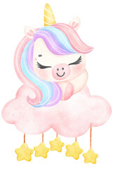 Cute Baby Unicorn sleeping on cloud watercolor cartoon illustration