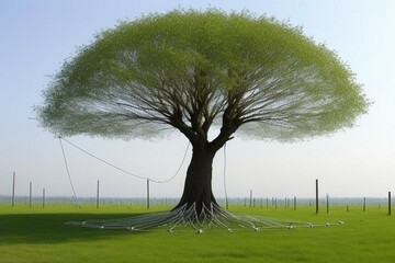 Green Tree Emerging from a Digital Network