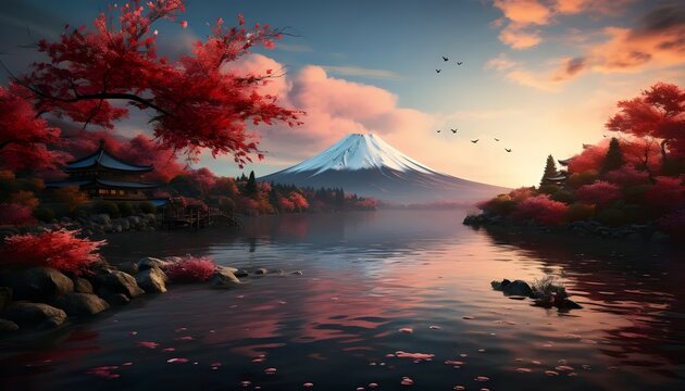 Sunset of mount Fuji with momiji beautiful nature background. Generative AI. 