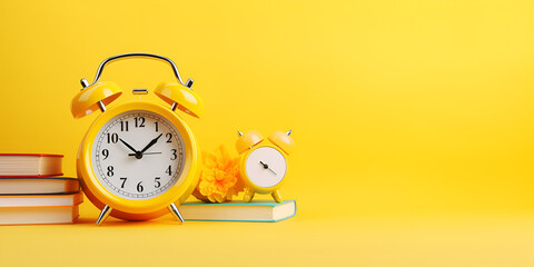 Colourful school supplies and yellow alarm clock on yellow background