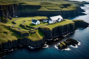 Verduisterende rolgordijnen zonder boren Atlantische weg Faroe Islands Vagar, aerial drone view of Tindholmur island during sunset in North Atlantic Ocean. Faroe Islands, Denmark, Europe