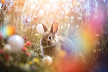 Easter bunny and colorful decorated eggs in grass in nature. Happy Easter.