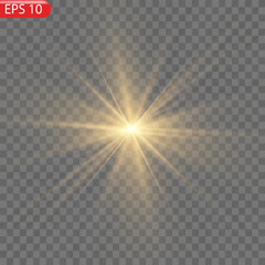 Yellow star. Vector transparent sunlight special lens flash light effect