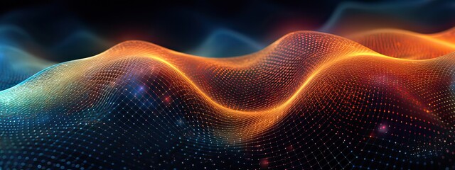 Abstract technology background of a quantum computing system with a cyber network grid and connected particles. Artificial neurons, global data connections, screen background