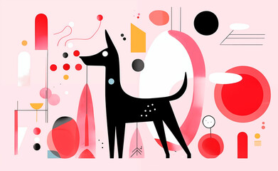 Animated dog minimalism: Creative images with geometric shapes. Vibrant drawing on a light background inspired by the style of animated gifs.
