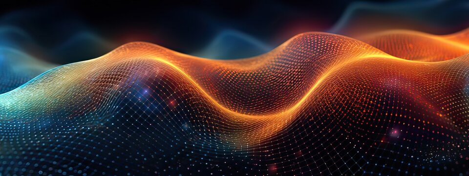 Abstract technology background of a quantum computing system with a cyber network grid and connected particles. Artificial neurons, global data connections, screen background