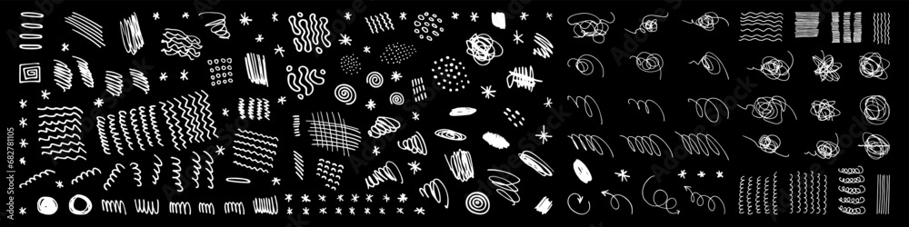 Wall mural set of vector grungy graphic dirty scribble elements. hand drawn textured punk style hatching. white