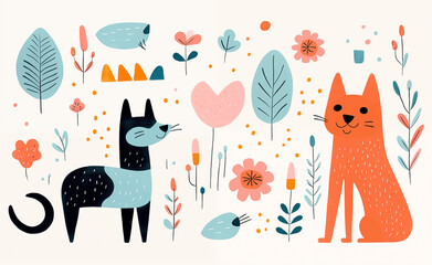 Animated dog minimalism: Creative images with geometric shapes. Vibrant drawing on a light background inspired by the style of animated gifs.