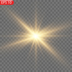 Yellow star. Vector transparent sunlight special lens flash light effect