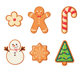 Gingerbread cookies set. Xmas Gingerbread cookies. Christmas Classic biscuit. Cute ginger bread men, tree, snowman, snowflake. Noel holiday sweet dessert isolated on white background. 