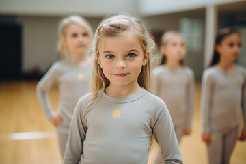 Modern preschool gymnastics class, pretty little girl gymnast portrait. Sports and rhythmic gymnastics for children, sports section, copy space.