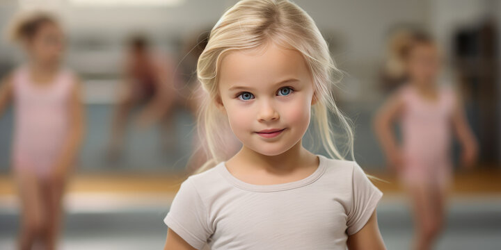 Modern preschool gymnastics class, pretty little girl gymnast portrait. Sports and rhythmic gymnastics for children, sports section, copy space.