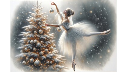 Ethereal Ballerina Decorating Snowy Christmas Tree in Winter - obrazy, fototapety, plakaty