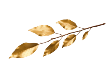 golden tree branch with leaves isolated on a transparent background, a glided branch or a twig of a tree with leaf PNG for decorative mockups or template background, a gold painted wooden Stick