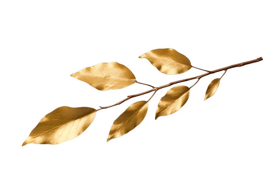 golden tree branch with leaves isolated on a transparent background, a glided branch or a twig of a tree with leaf PNG for decorative mockups or template background, a gold painted wooden Stick