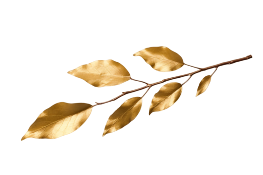 golden tree branch with leaves isolated on a transparent background, a glided branch or a twig of a tree with leaf PNG for decorative mockups or template background, a gold painted wooden Stick