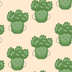 Vector Seamless Pattern with Cute Cartoon Funny Broccoli. Children Healthy Nutrition Concept. Baby Vegetable Characters