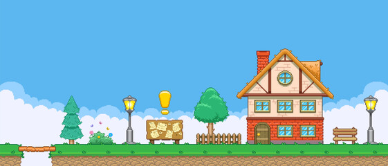 Obraz premium 8bit colorful simple vector pixel art horizontal illustration of cartoon quest bulletin board near a two-story building in retro video game platformer level style