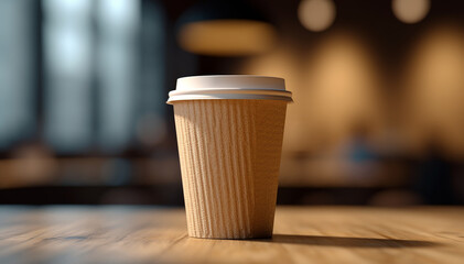 Paper coffee cup mockup isolated on cafe background copy space. Blank template coffee mug. To-go cup. Takeout warm beverage. Hot drink for morning ritual espresso, cappuccino, latte, americano. Banner