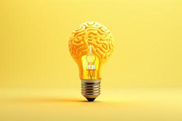 An abstract concept of a brain in a light bulb standing on display, isolated on a yellow background. New creative idea. Generative AI.