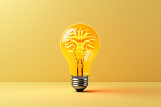 An abstract concept of a brain in a light bulb standing on display, isolated on a yellow background. New creative idea. Generative AI.