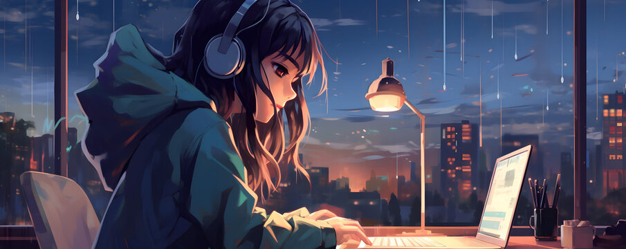 Anime Lofi girl studying at her desk  by the window while listening music in a rainy day 