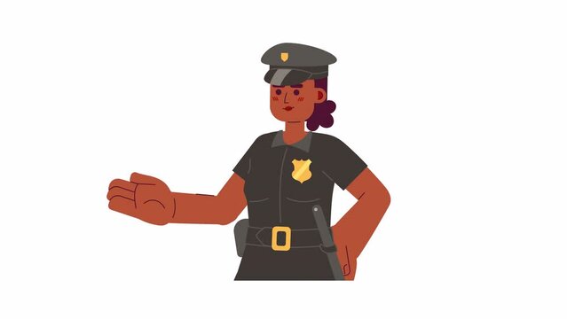 Detective police officer african american woman 2D character animation. Saluting flat cartoon 4K video, transparent alpha channel. Black adult cop policewoman animated person on white background