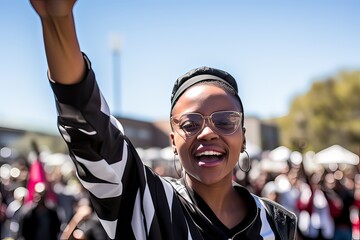 A young determined African American activist woman among crowd, positive, proud and confident, fighting and protesting with hope racism, for rights, justice and equality, Black Lives Matter