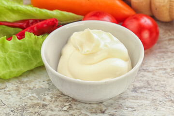 Organic mayonnaise sauce in the bowl