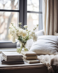 Glas vase, blooms, books, and pillows on a windowsill create a monochromatic haven—soft, dreamy, and beige-infused elegance.