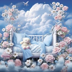 Beautiful flowers in the clouds with doll baby blankets bed