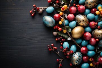 Festive Easter Eggs Amidst Blossoms on Dark Wooden Background