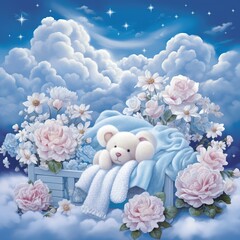 Beautiful flowers in the clouds with doll baby blankets bed
