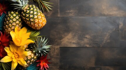 Vibrant Exotic Pineapples Amidst Lush Floral Arrangement on Dark Surface