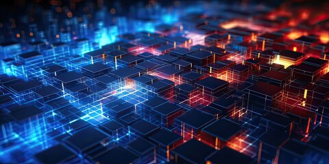 Abstract tech background with illuminated fiber optic connections, quantum computing network system and electronic global intelligence, data on computer screen background