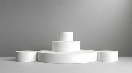 White realistic 3D cylinder steps pedestal podium set with shadow and lighting. Vector abstract studio room with geometric platform design. Gray minimal scene for products showcase  Pr. Generative AI.