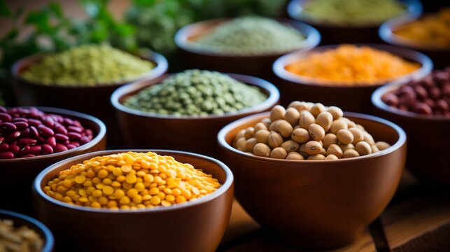 Variety of beans in bowls on wooden background. pulses. Selective focus.