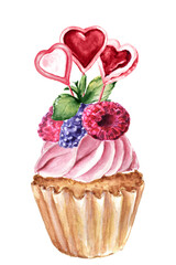 Cupcake for Valentine's Day. Watercolor illustration of raspberry cupcake