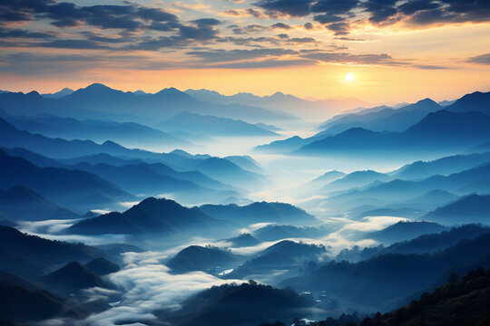Beautiful landscape with mountains in fog at dawn, aerial shot