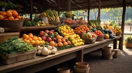 a table full of fruits and vegetables - obrazy, fototapety, plakaty