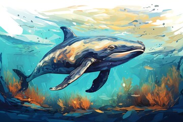 illustration of a whale swimming in the ocean with fishes and algae
