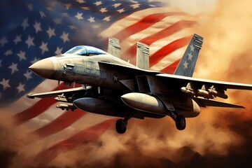 a fighter jet flying in the air with a flag behind it - obrazy, fototapety, plakaty