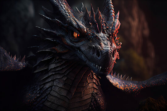 Portrait of a mighty and powerful dark red dragon with glowing orange eyes on a dark background, portrait of a dragon, Year of the Dragon, Generative AI