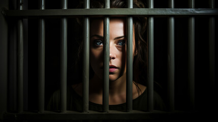 Sorrowful female inmate sad behind bars desperately asking to released from custody symbolizing quest for fairness, treacherous criminal woman in prison embodies societal threat - obrazy, fototapety, plakaty