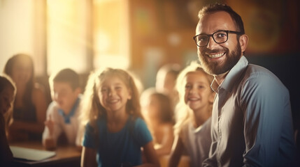Handsome smiling man teacher in children class radiates positivity while teaching fostering connection with children and making learning delightful experience, productive teaching methods